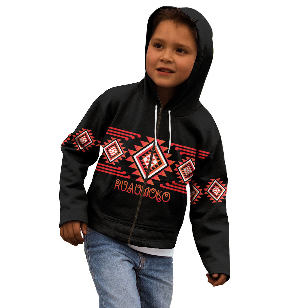 Aotearoa Atua Ruaumoko Personalised Kid Hoodie Maori Powerful God Taniko Motifs