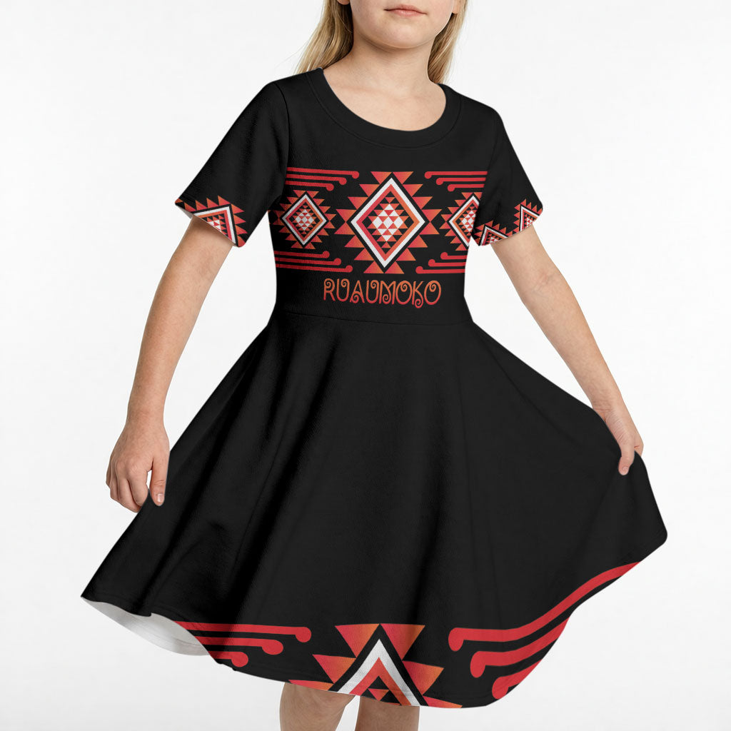 Aotearoa Atua Ruaumoko Personalised Kid Short Sleeve Dress Maori Powerful God Taniko Motifs