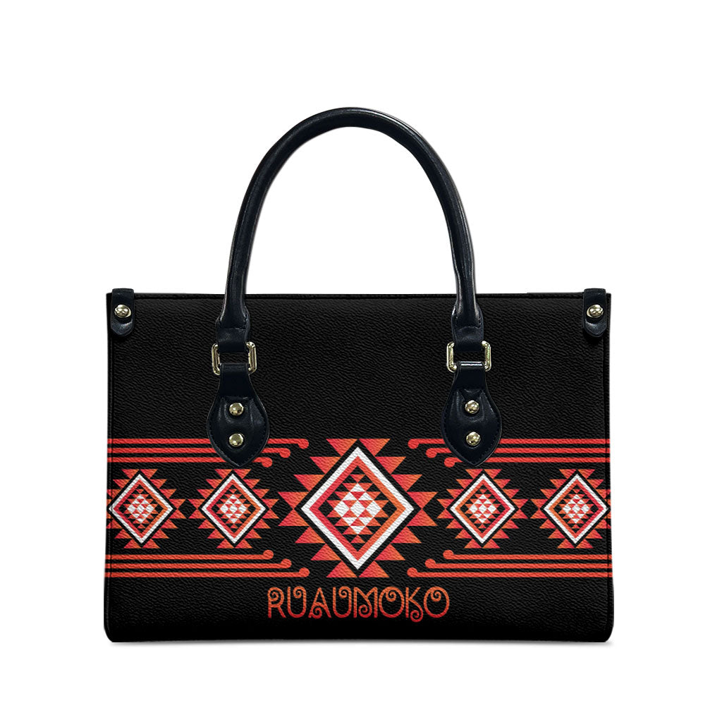 Aotearoa Atua Ruaumoko Leather Bag Maori Powerful God Taniko Motifs