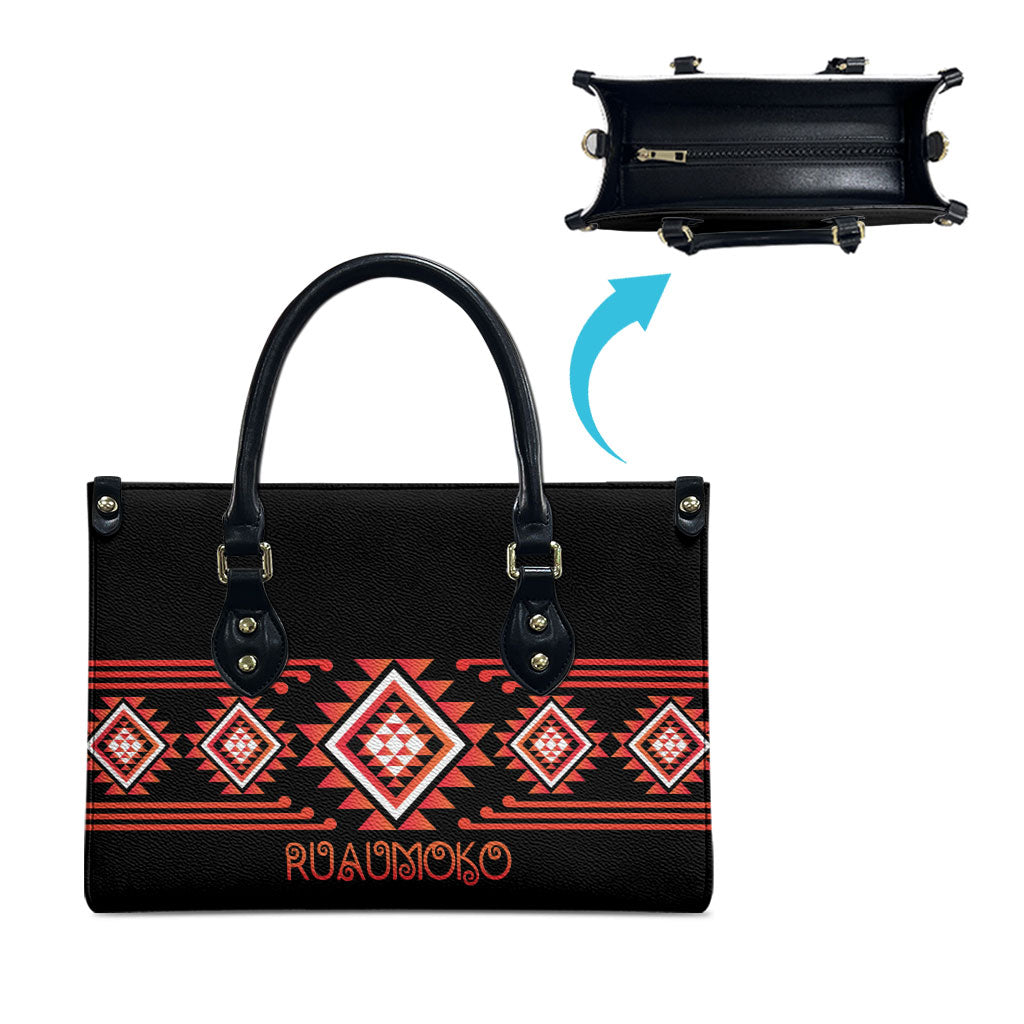 Aotearoa Atua Ruaumoko Leather Bag Maori Powerful God Taniko Motifs