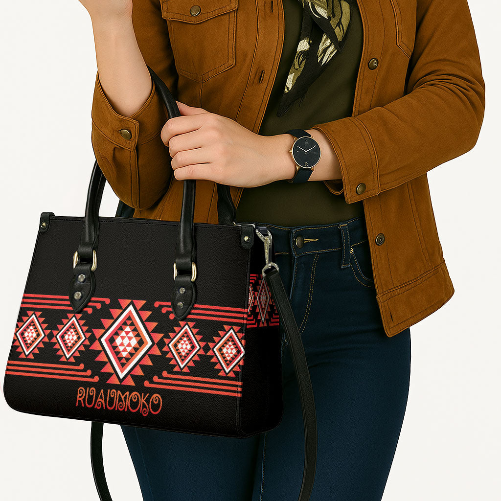 Aotearoa Atua Ruaumoko Leather Bag Maori Powerful God Taniko Motifs