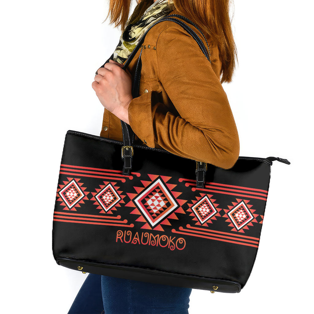 Aotearoa Atua Ruaumoko Leather Tote Bag Maori Powerful God Taniko Motifs