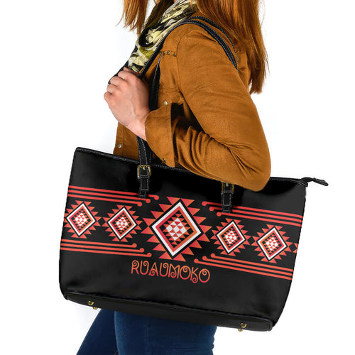 Aotearoa Atua Ruaumoko Leather Tote Bag Maori Powerful God Taniko Motifs