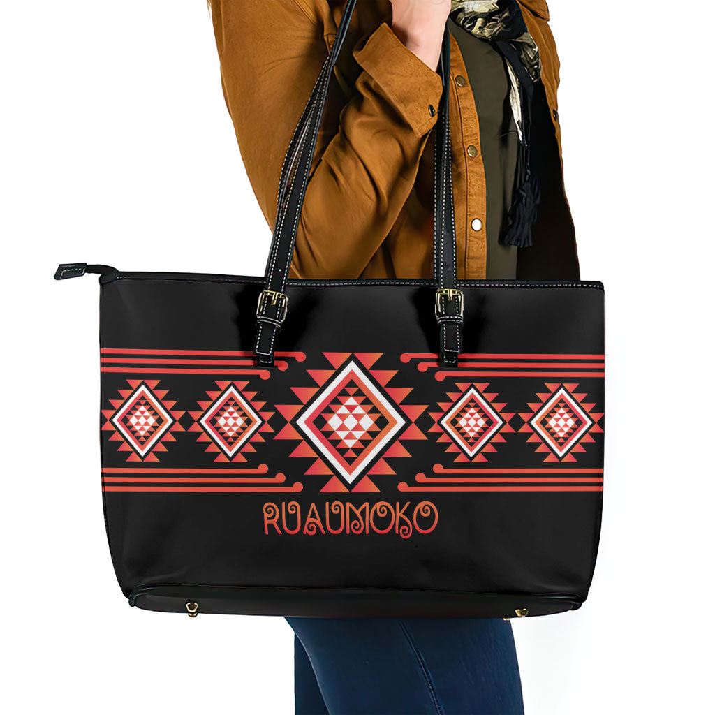 Aotearoa Atua Ruaumoko Leather Tote Bag Maori Powerful God Taniko Motifs