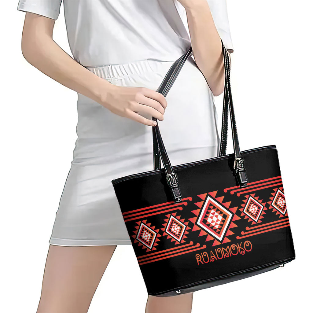 Aotearoa Atua Ruaumoko Leather Tote Bag Maori Powerful God Taniko Motifs
