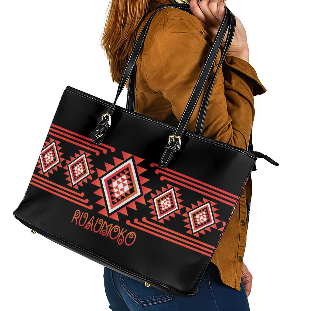 Aotearoa Atua Ruaumoko Leather Tote Bag Maori Powerful God Taniko Motifs