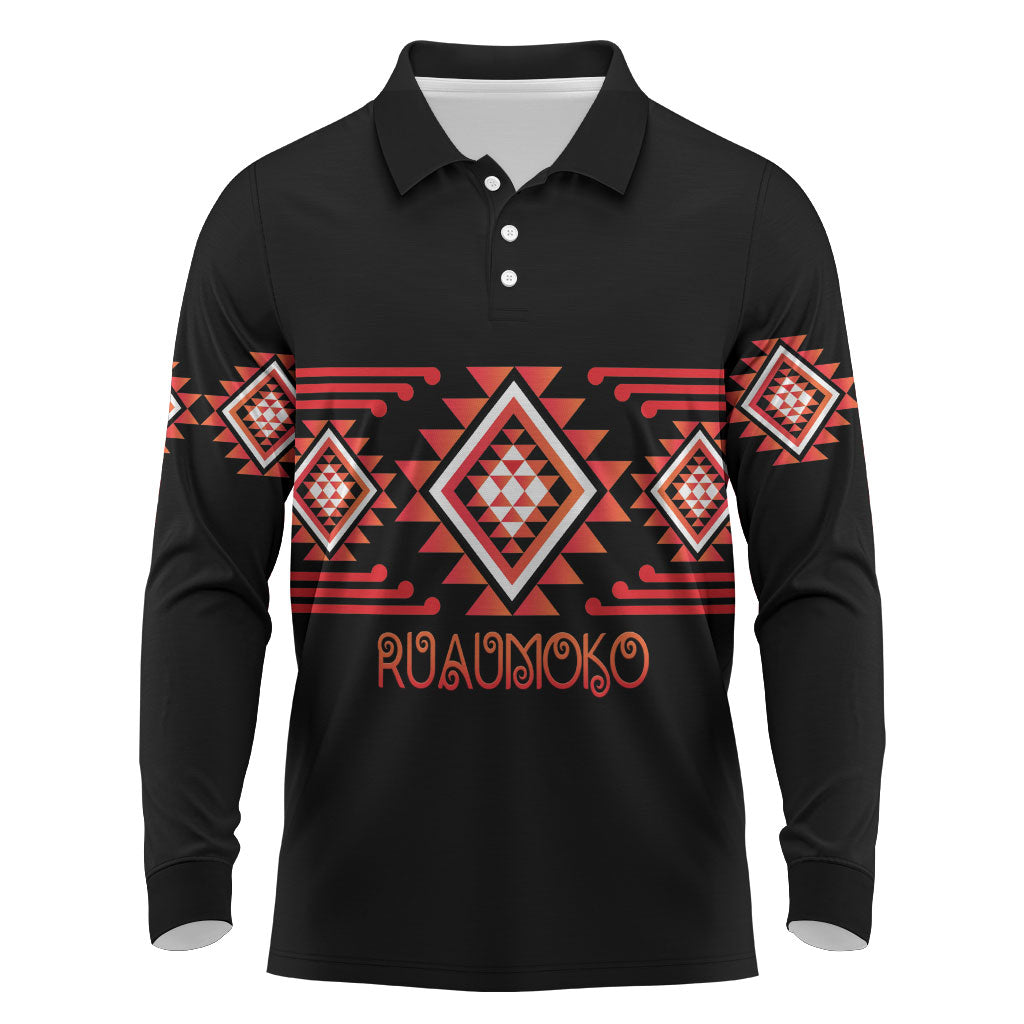 Aotearoa Atua Ruaumoko Personalised Long Sleeve Polo Shirt Maori Powerful God Taniko Motifs