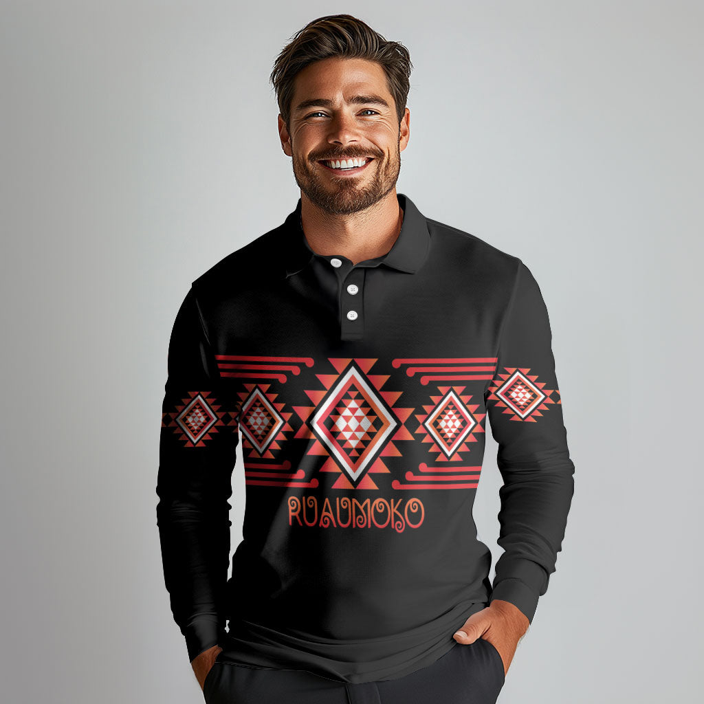 Aotearoa Atua Ruaumoko Personalised Long Sleeve Polo Shirt Maori Powerful God Taniko Motifs