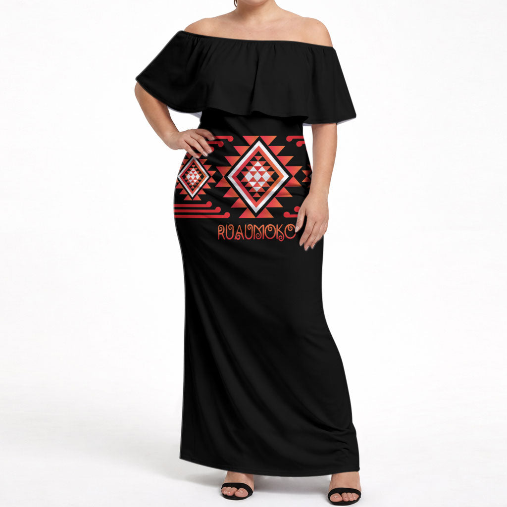 Aotearoa Atua Ruaumoko Personalised Off Shoulder Maxi Dress Maori Powerful God Taniko Motifs