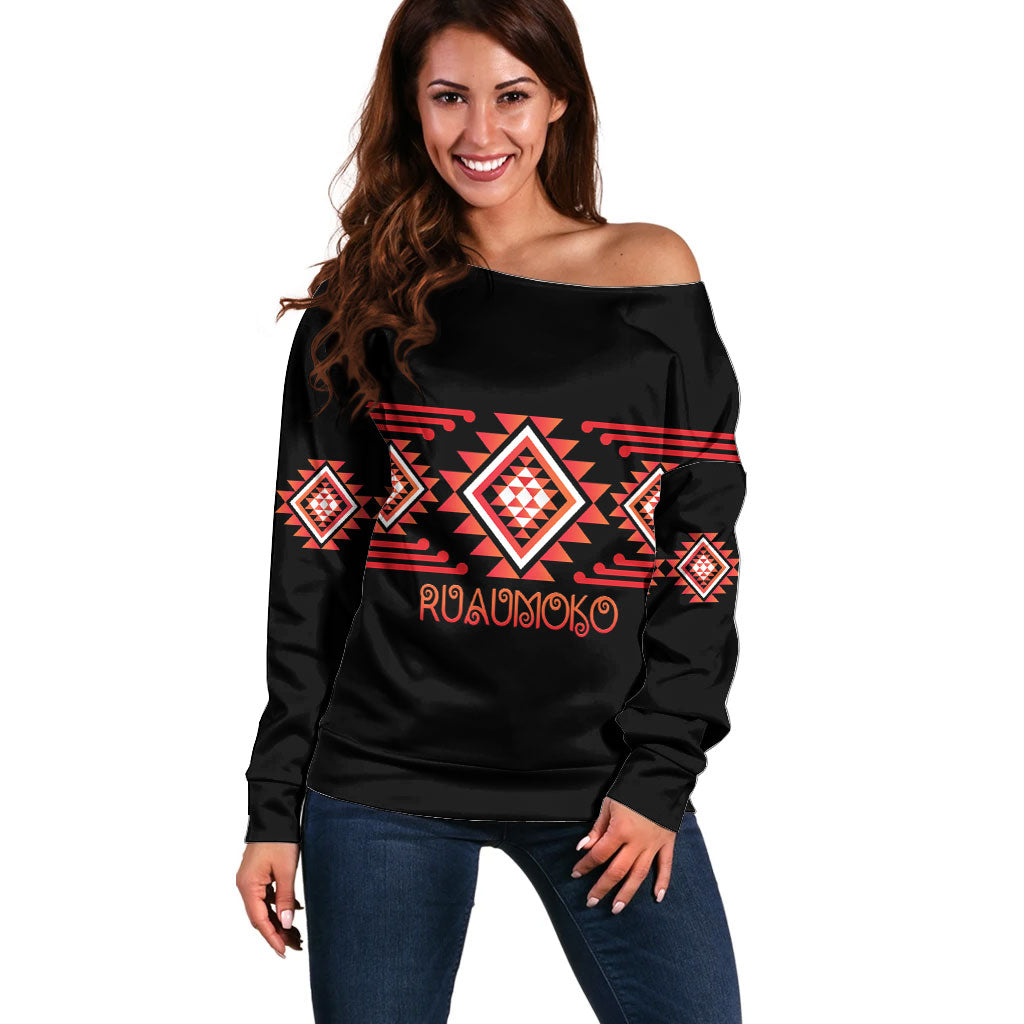 Aotearoa Atua Ruaumoko Personalised Off Shoulder Sweater Maori Powerful God Taniko Motifs