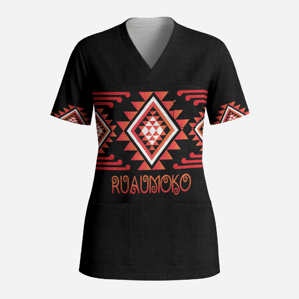 Aotearoa Atua Ruaumoko Personalised Scrub Top Maori Powerful God Taniko Motifs