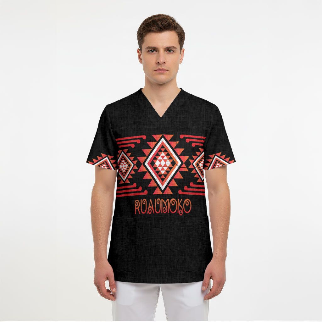 Aotearoa Atua Ruaumoko Personalised Scrub Top Maori Powerful God Taniko Motifs