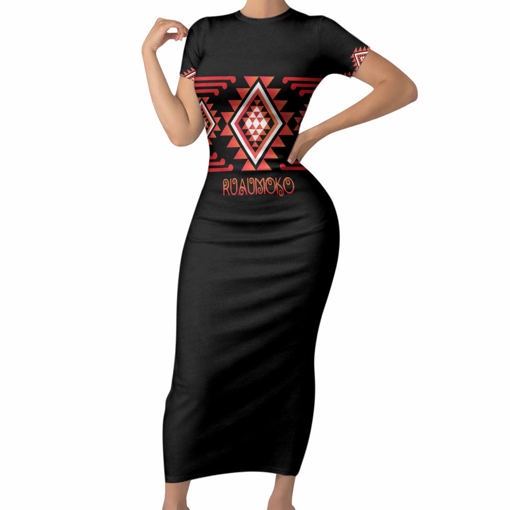 Aotearoa Atua Ruaumoko Personalised Short Sleeve Bodycon Dress Maori Powerful God Taniko Motifs