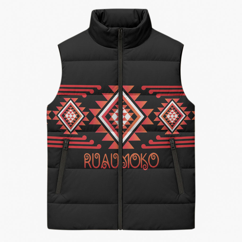 Aotearoa Atua Ruaumoko Personalised Sleeveless Puffer Jacket Maori Powerful God Taniko Motifs
