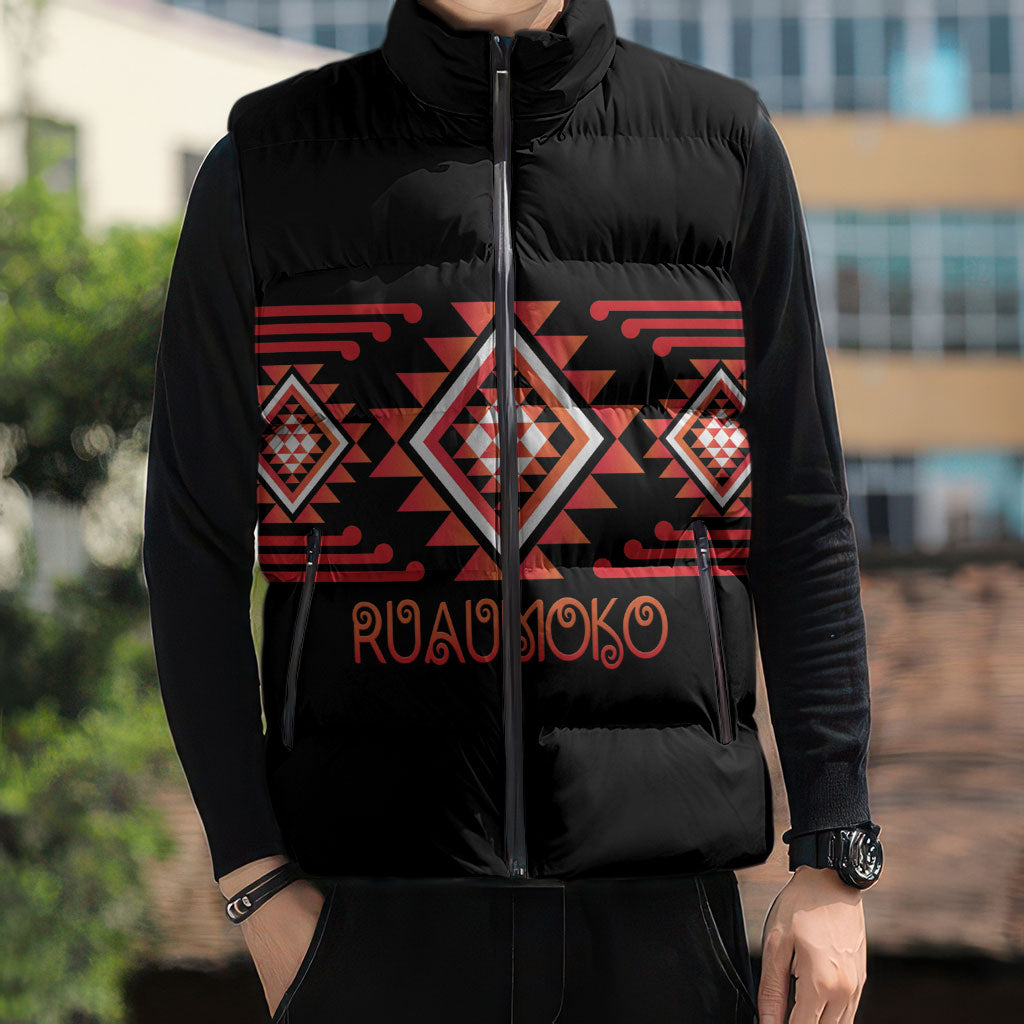 Aotearoa Atua Ruaumoko Personalised Sleeveless Puffer Jacket Maori Powerful God Taniko Motifs