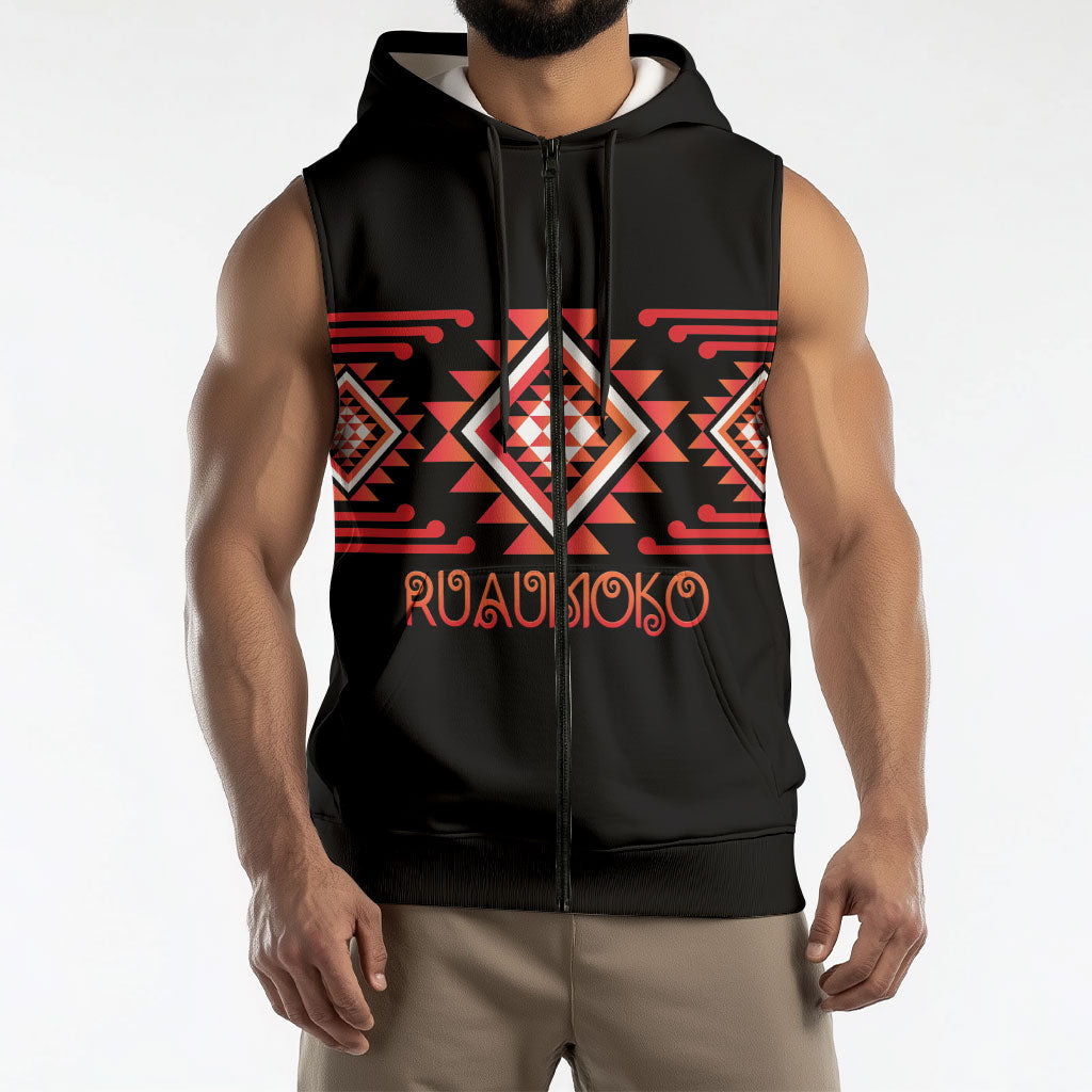 Aotearoa Atua Ruaumoko Personalised Sleeveless Zip Hoodie Maori Powerful God Taniko Motifs