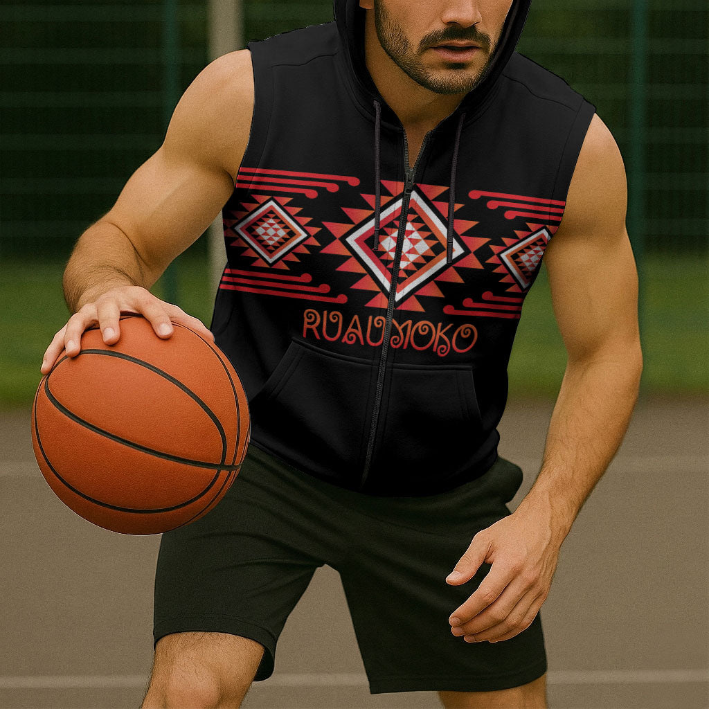 Aotearoa Atua Ruaumoko Personalised Sleeveless Zip Hoodie Maori Powerful God Taniko Motifs