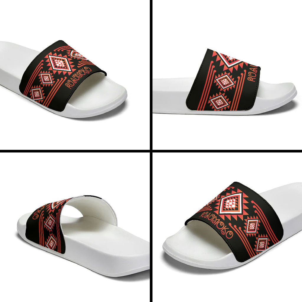 Aotearoa Atua Ruaumoko Slide Sandals Maori Powerful God Taniko Motifs