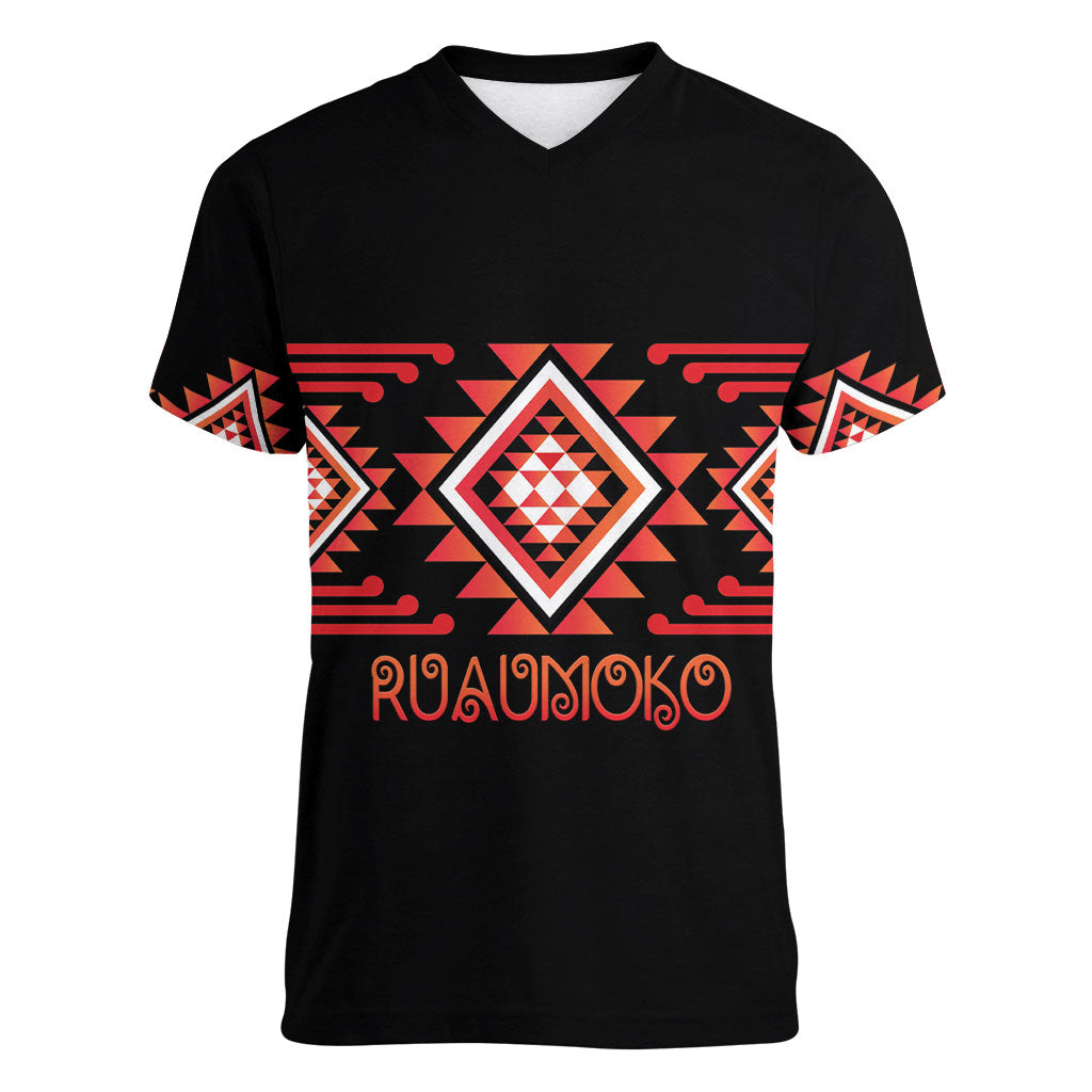 Aotearoa Atua Ruaumoko Personalised Women V-Neck T-Shirt Maori Powerful God Taniko Motifs