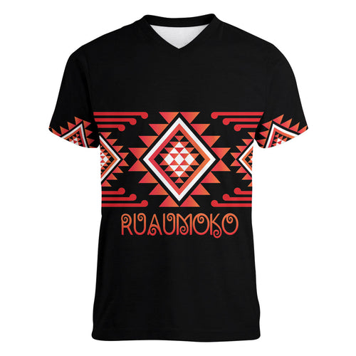 Aotearoa Atua Ruaumoko Personalised Women V-Neck T-Shirt Maori Powerful God Taniko Motifs