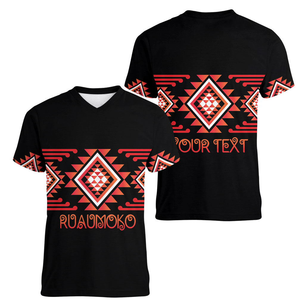 Aotearoa Atua Ruaumoko Personalised Women V-Neck T-Shirt Maori Powerful God Taniko Motifs