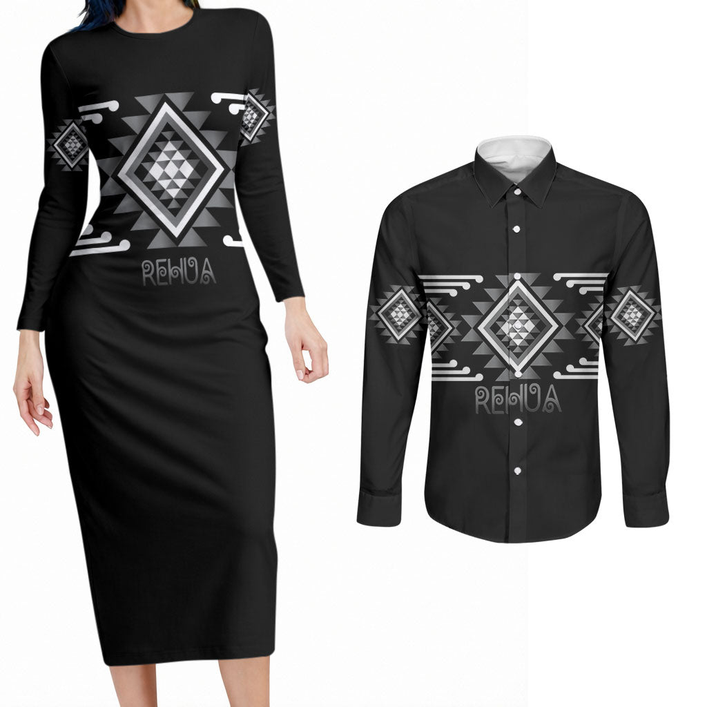 Aotearoa Atua Rehua Personalised Couples Matching Long Sleeve Bodycon Dress and Long Sleeve Button Shirt Maori God Of Healing Taniko Motifs
