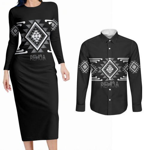 Aotearoa Atua Rehua Personalised Couples Matching Long Sleeve Bodycon Dress and Long Sleeve Button Shirt Maori God Of Healing Taniko Motifs