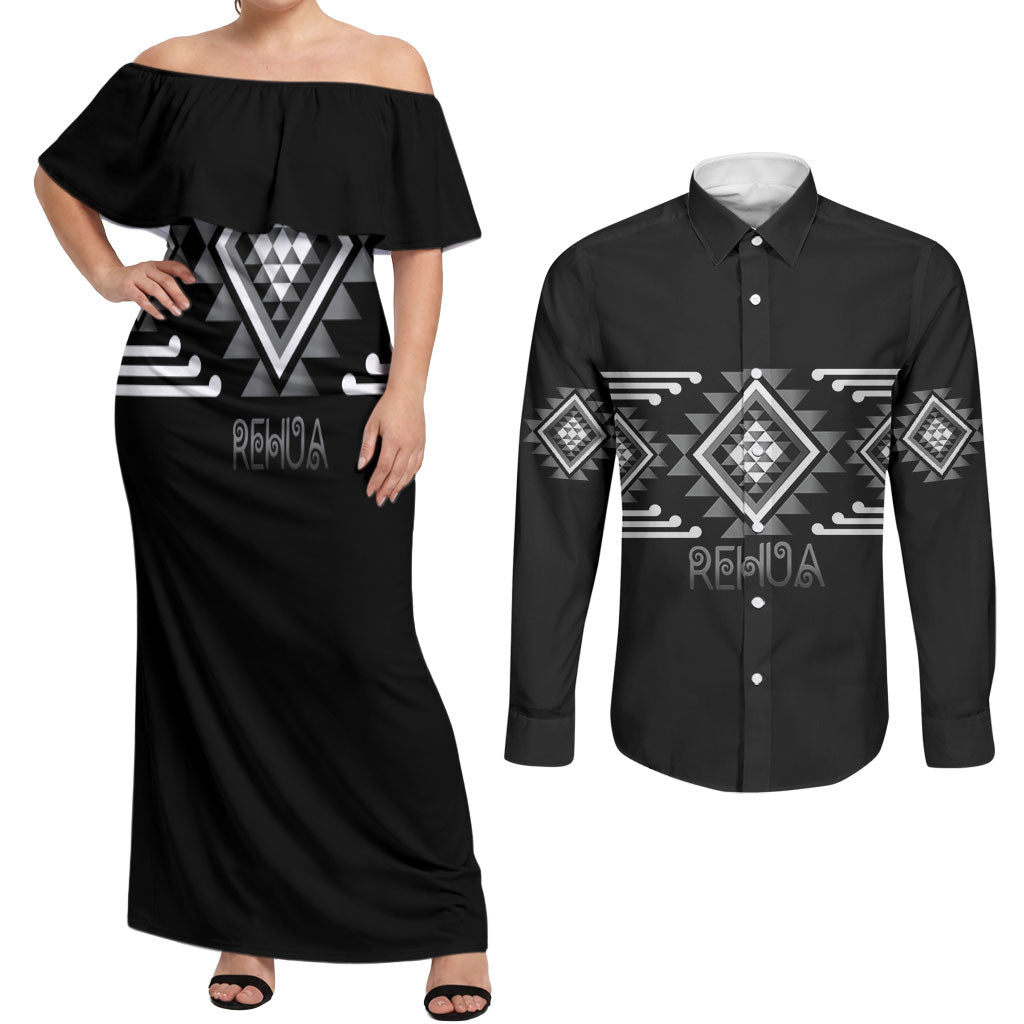 Aotearoa Atua Rehua Personalised Couples Matching Off Shoulder Maxi Dress and Long Sleeve Button Shirt Maori God Of Healing Taniko Motifs