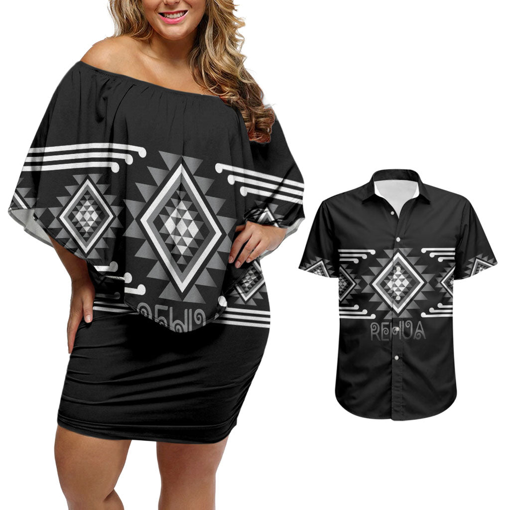 Aotearoa Atua Rehua Personalised Couples Matching Off Shoulder Short Dress and Hawaiian Shirt Maori God Of Healing Taniko Motifs