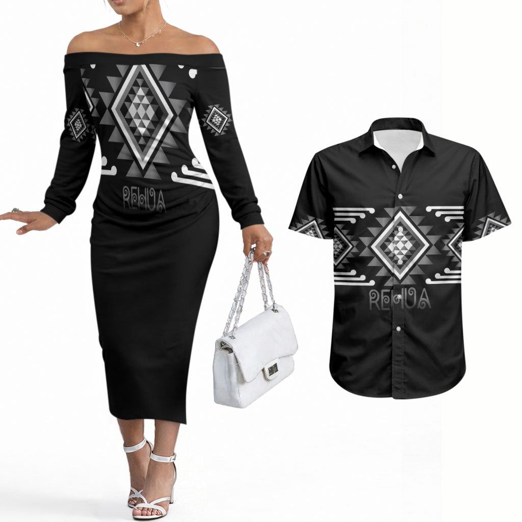 Aotearoa Atua Rehua Personalised Couples Matching Off The Shoulder Long Sleeve Dress and Hawaiian Shirt Maori God Of Healing Taniko Motifs