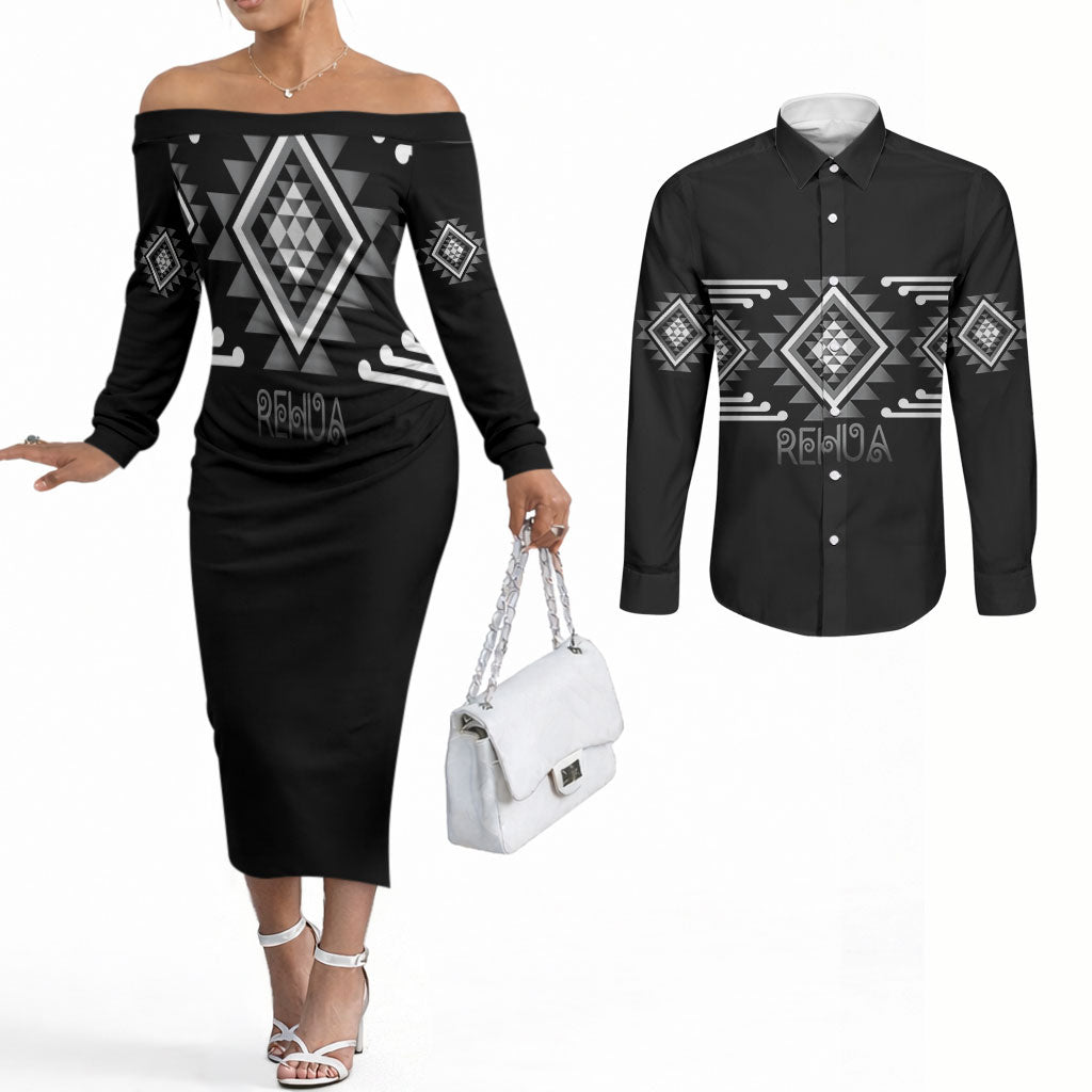 Aotearoa Atua Rehua Personalised Couples Matching Off The Shoulder Long Sleeve Dress and Long Sleeve Button Shirt Maori God Of Healing Taniko Motifs