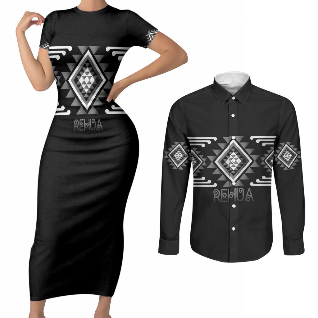 Aotearoa Atua Rehua Personalised Couples Matching Short Sleeve Bodycon Dress and Long Sleeve Button Shirt Maori God Of Healing Taniko Motifs