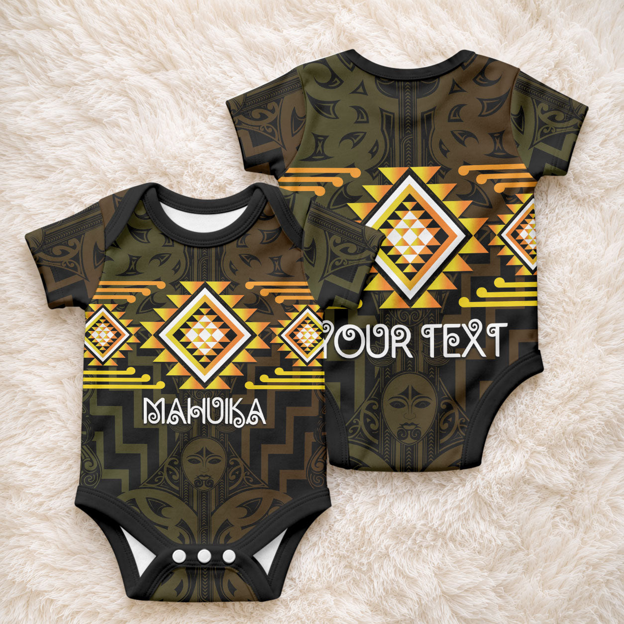 Aotearoa Atua Mahuika Personalised Baby Onesie Maori Goddess Of Fire Taniko Motifs