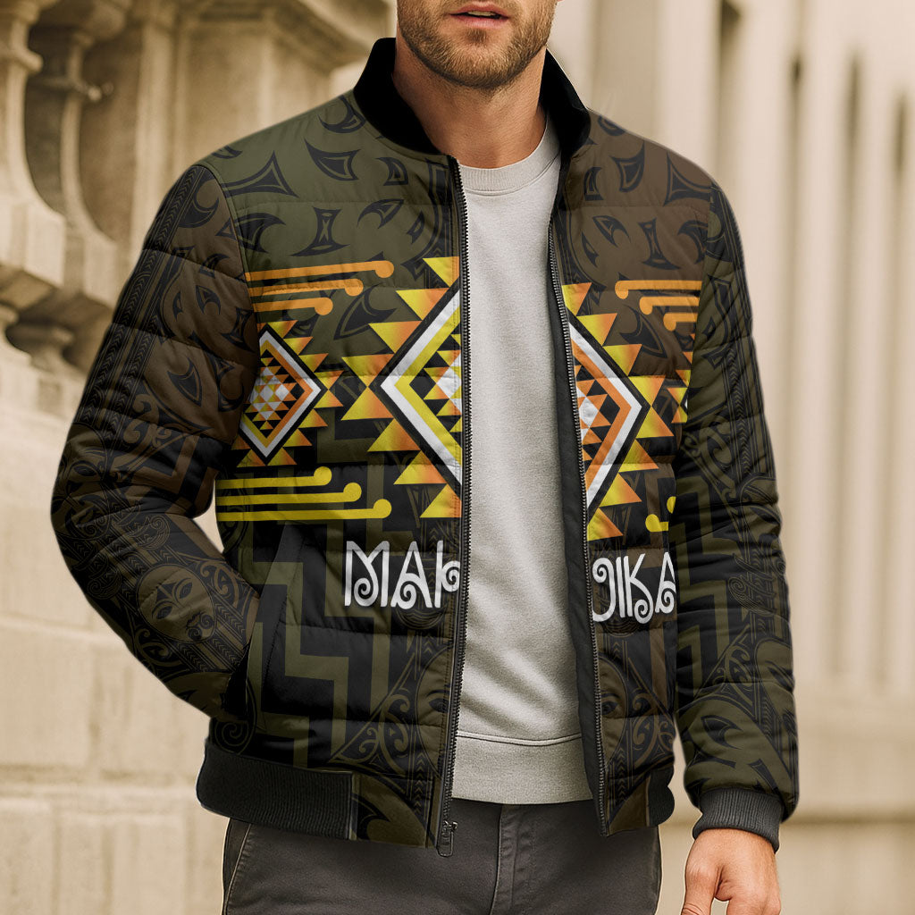 Aotearoa Atua Mahuika Personalised Bomber Puffer Jacket Maori Goddess Of Fire Taniko Motifs