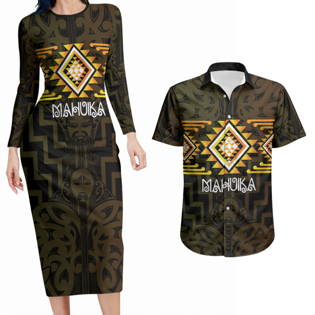 Aotearoa Atua Mahuika Personalised Couples Matching Long Sleeve Bodycon Dress and Hawaiian Shirt Maori Goddess Of Fire Taniko Motifs