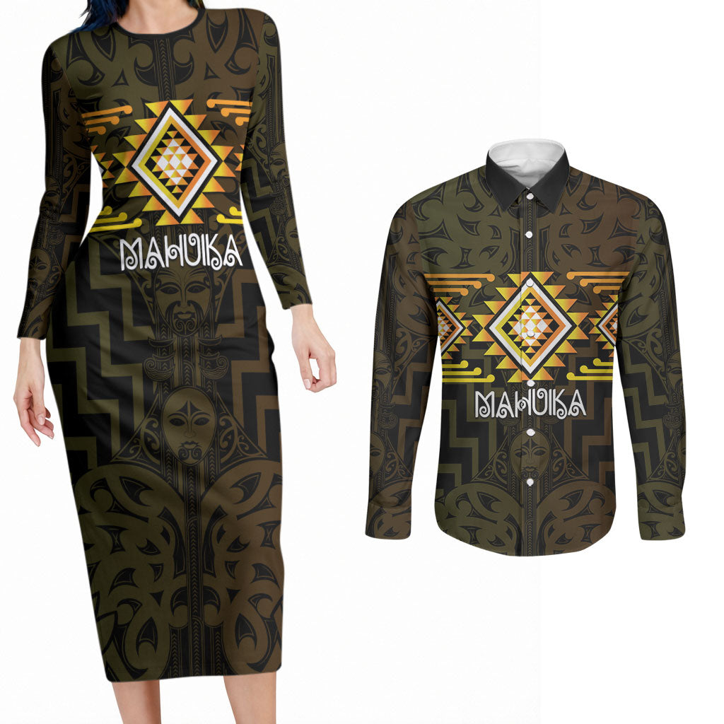 Aotearoa Atua Mahuika Personalised Couples Matching Long Sleeve Bodycon Dress and Long Sleeve Button Shirt Maori Goddess Of Fire Taniko Motifs