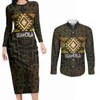 Aotearoa Atua Mahuika Personalised Couples Matching Long Sleeve Bodycon Dress and Long Sleeve Button Shirt Maori Goddess Of Fire Taniko Motifs