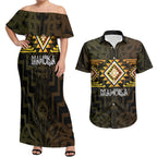 Aotearoa Atua Mahuika Personalised Couples Matching Off Shoulder Maxi Dress and Hawaiian Shirt Maori Goddess Of Fire Taniko Motifs