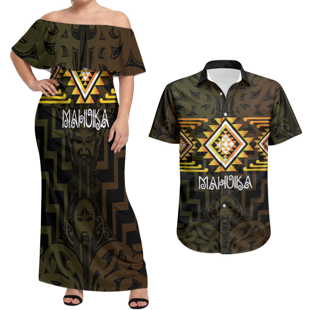 Aotearoa Atua Mahuika Personalised Couples Matching Off Shoulder Maxi Dress and Hawaiian Shirt Maori Goddess Of Fire Taniko Motifs