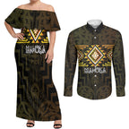 Aotearoa Atua Mahuika Personalised Couples Matching Off Shoulder Maxi Dress and Long Sleeve Button Shirt Maori Goddess Of Fire Taniko Motifs