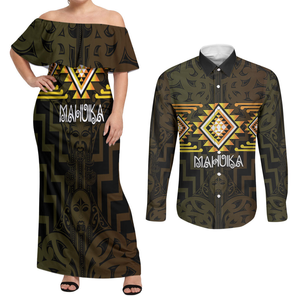 Aotearoa Atua Mahuika Personalised Couples Matching Off Shoulder Maxi Dress and Long Sleeve Button Shirt Maori Goddess Of Fire Taniko Motifs