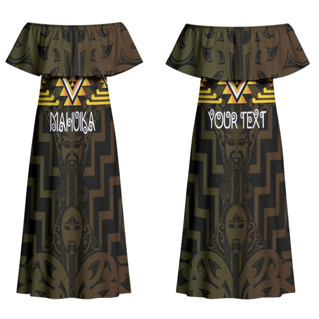Aotearoa Atua Mahuika Personalised Couples Matching Off Shoulder Maxi Dress and Long Sleeve Button Shirt Maori Goddess Of Fire Taniko Motifs