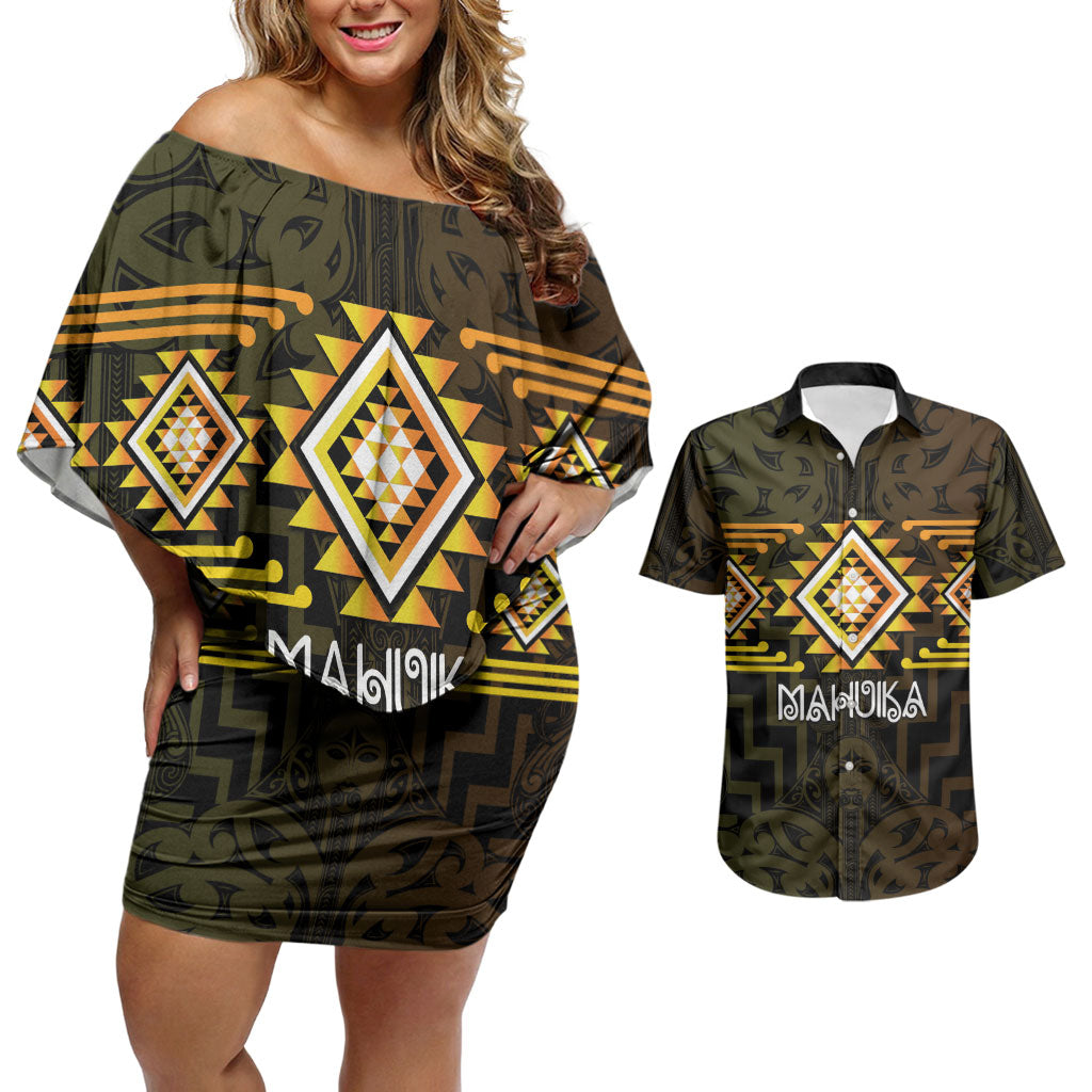 Aotearoa Atua Mahuika Personalised Couples Matching Off Shoulder Short Dress and Hawaiian Shirt Maori Goddess Of Fire Taniko Motifs
