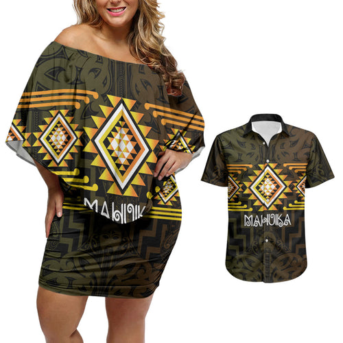 Aotearoa Atua Mahuika Personalised Couples Matching Off Shoulder Short Dress and Hawaiian Shirt Maori Goddess Of Fire Taniko Motifs