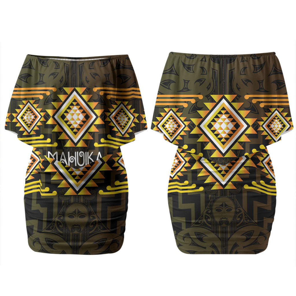 Aotearoa Atua Mahuika Personalised Couples Matching Off Shoulder Short Dress and Hawaiian Shirt Maori Goddess Of Fire Taniko Motifs