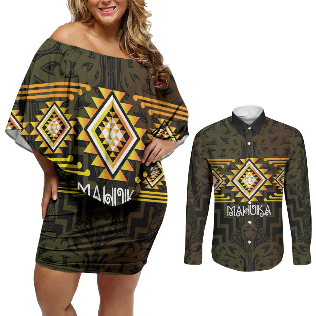 Aotearoa Atua Mahuika Personalised Couples Matching Off Shoulder Short Dress and Long Sleeve Button Shirt Maori Goddess Of Fire Taniko Motifs