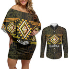 Aotearoa Atua Mahuika Personalised Couples Matching Off Shoulder Short Dress and Long Sleeve Button Shirt Maori Goddess Of Fire Taniko Motifs