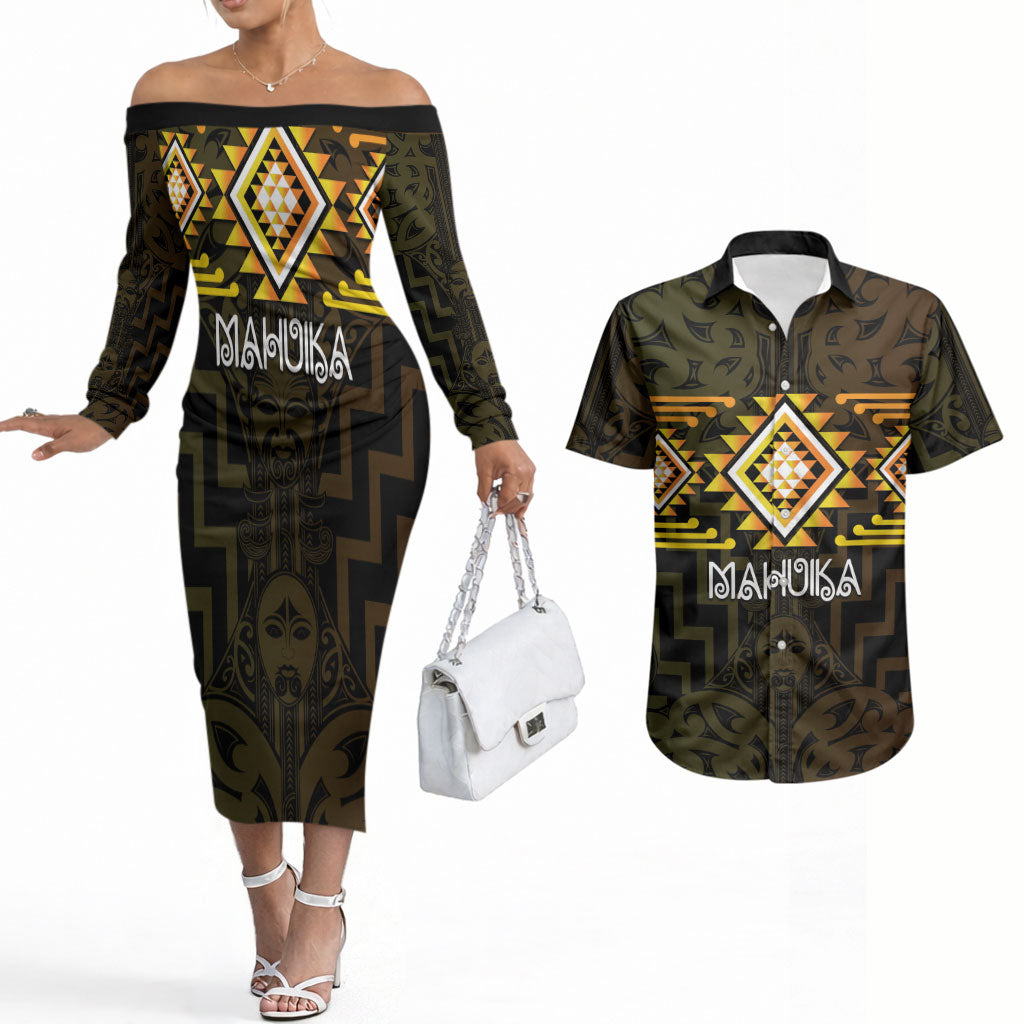Aotearoa Atua Mahuika Personalised Couples Matching Off The Shoulder Long Sleeve Dress and Hawaiian Shirt Maori Goddess Of Fire Taniko Motifs