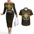 Aotearoa Atua Mahuika Personalised Couples Matching Off The Shoulder Long Sleeve Dress and Hawaiian Shirt Maori Goddess Of Fire Taniko Motifs