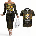 Aotearoa Atua Mahuika Personalised Couples Matching Off The Shoulder Long Sleeve Dress and Hawaiian Shirt Maori Goddess Of Fire Taniko Motifs
